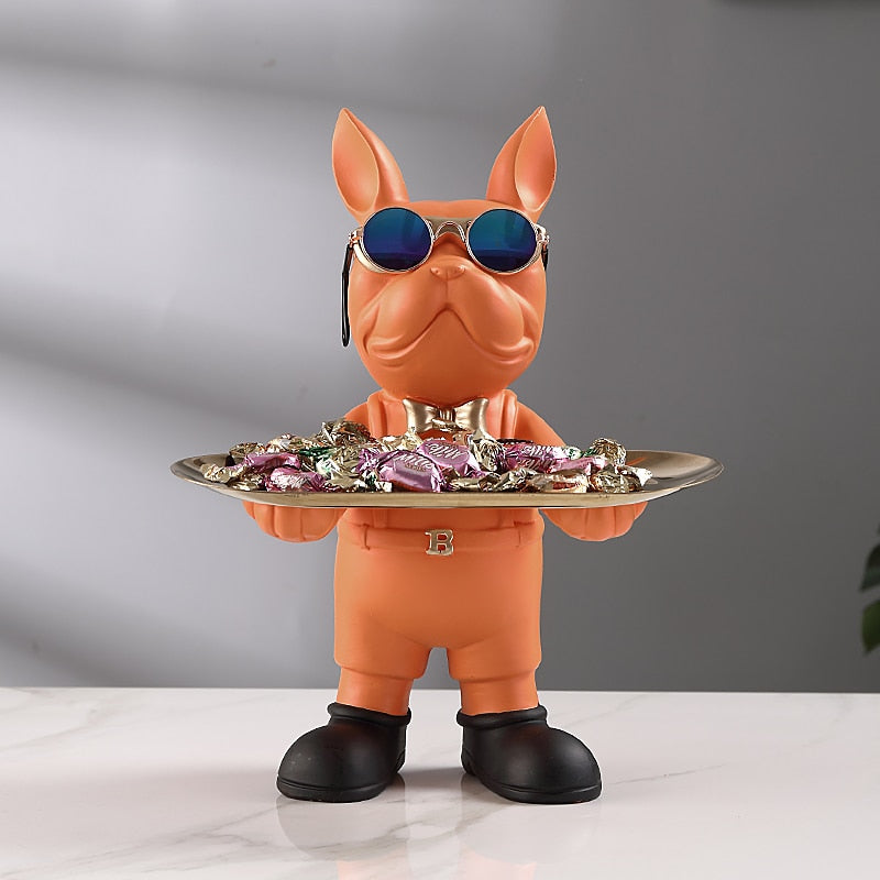 bulldog beeld met decoratieve tray