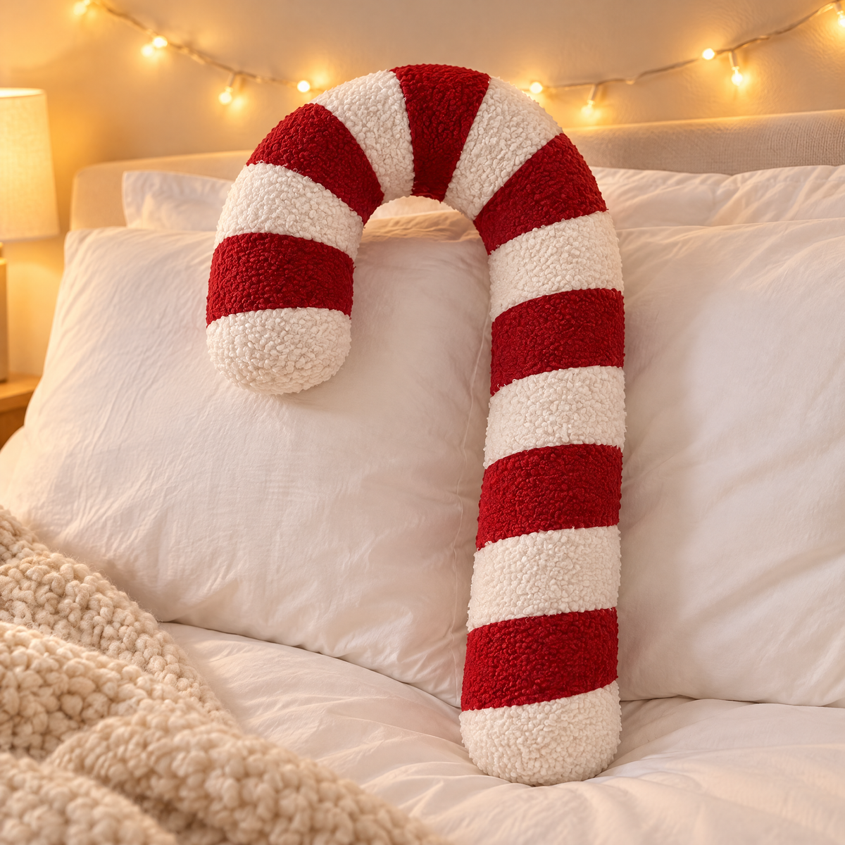 kerstkussen van pluche in zuurstokvorm