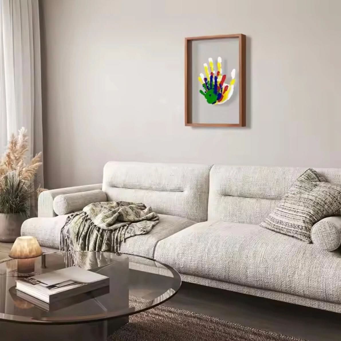 detail van speelkleed met kleigedeelte voor baby handafdruk en voetafdruk