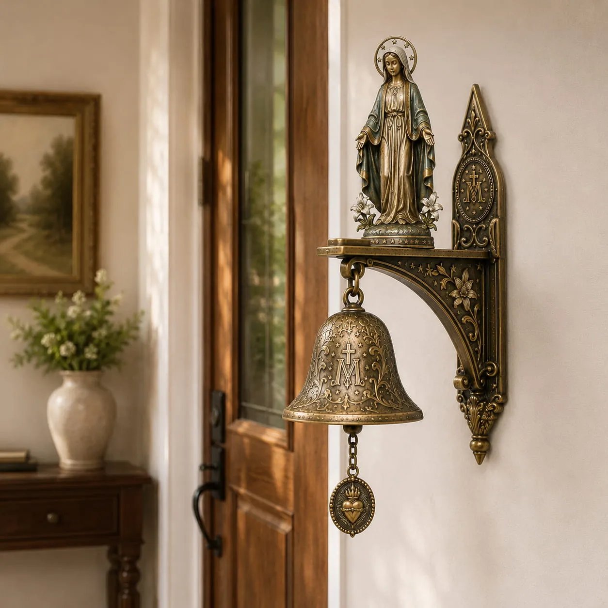 Wandbel met bronzen afwerking en decoratief reliëf in close-up