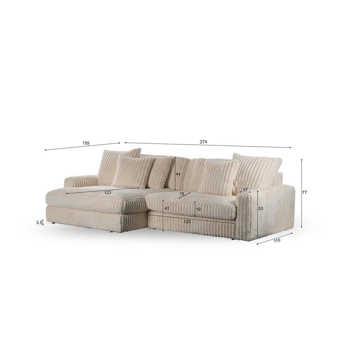 3-seater sofa cl l+r, fabric vito 23, d460 beige