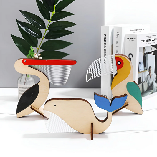 Houten led-tafellamp met warme sfeerverlichting op een tafel