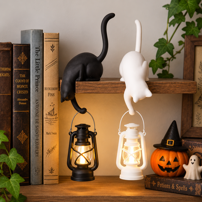 Kattenlamp naast woonaccessoires op een plank