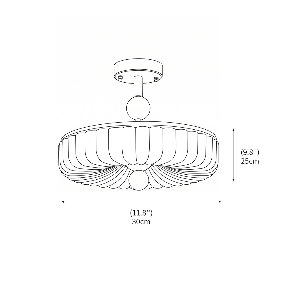 Bovenaanzicht van de plafondlamp met ronde vorm, geribbeld glas en houtlook rand