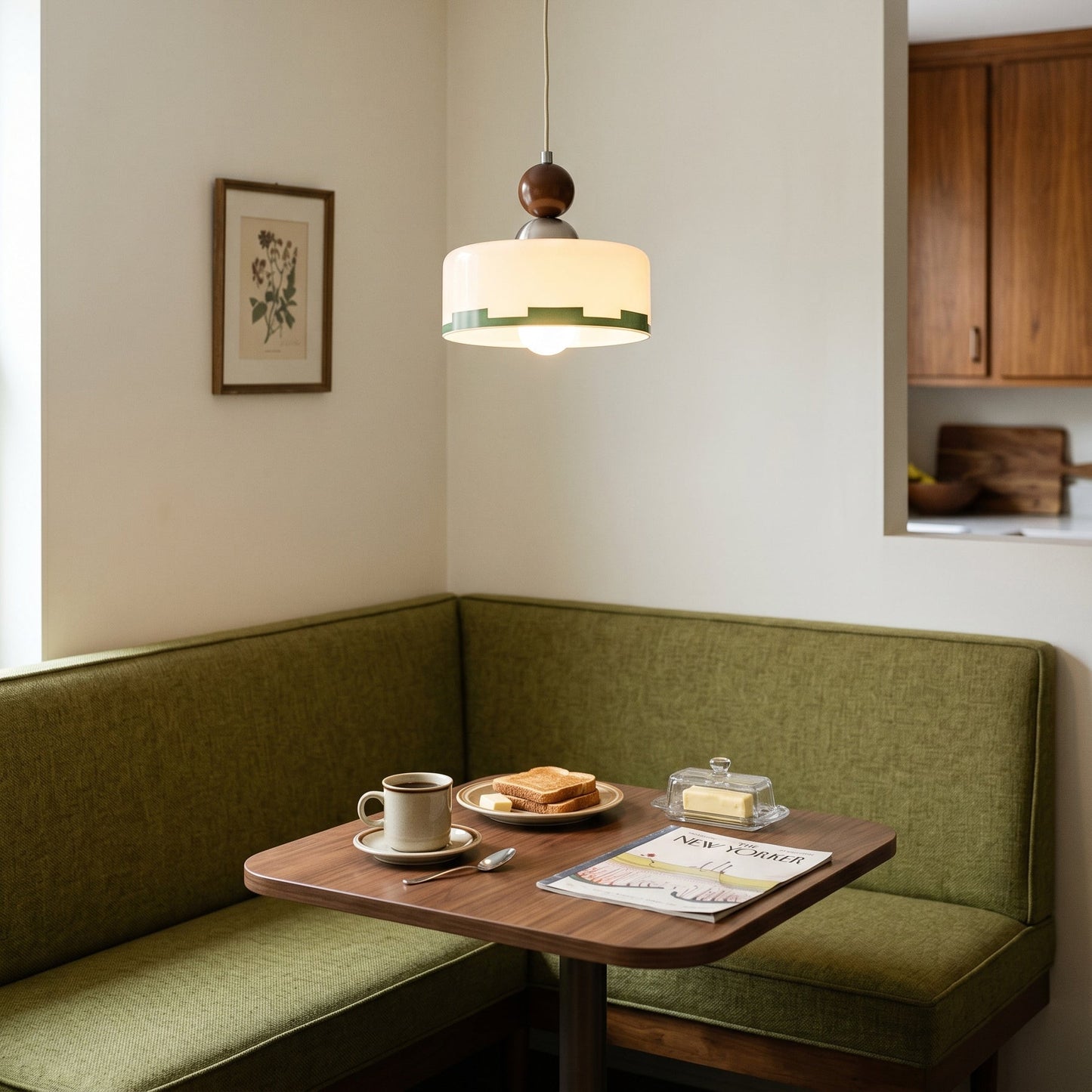 glazen hanglamp met houten accent hangend aan zwart snoer