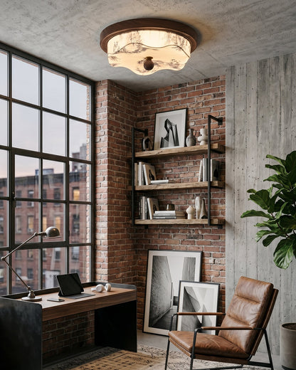 Strakke plafondlamp met houten afwerking en ingebouwde led