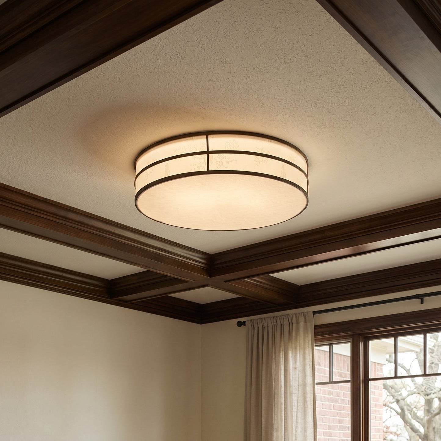 ronde plafondlamp met zachte stoffen afwerking en ledlicht