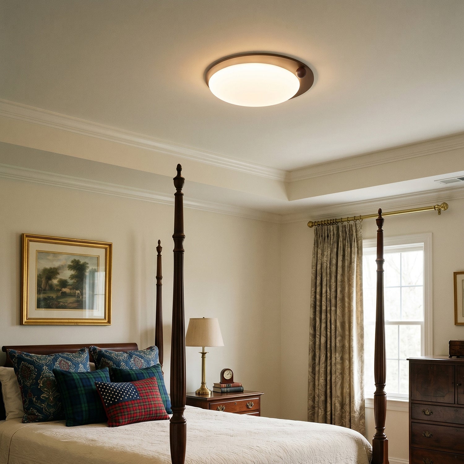 Moderne plafondlamp in hout en metaal met led aan het plafond