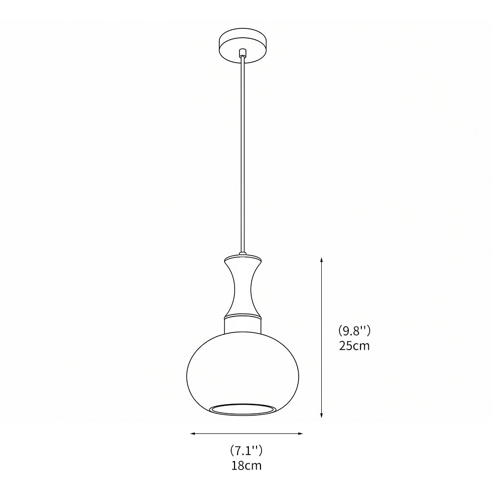 Detail van de hanglamp met houten afwerking en glas