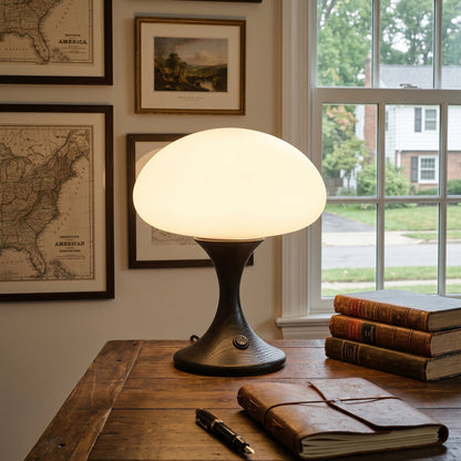 Schuin aanzicht van design tafellamp van hout en glas