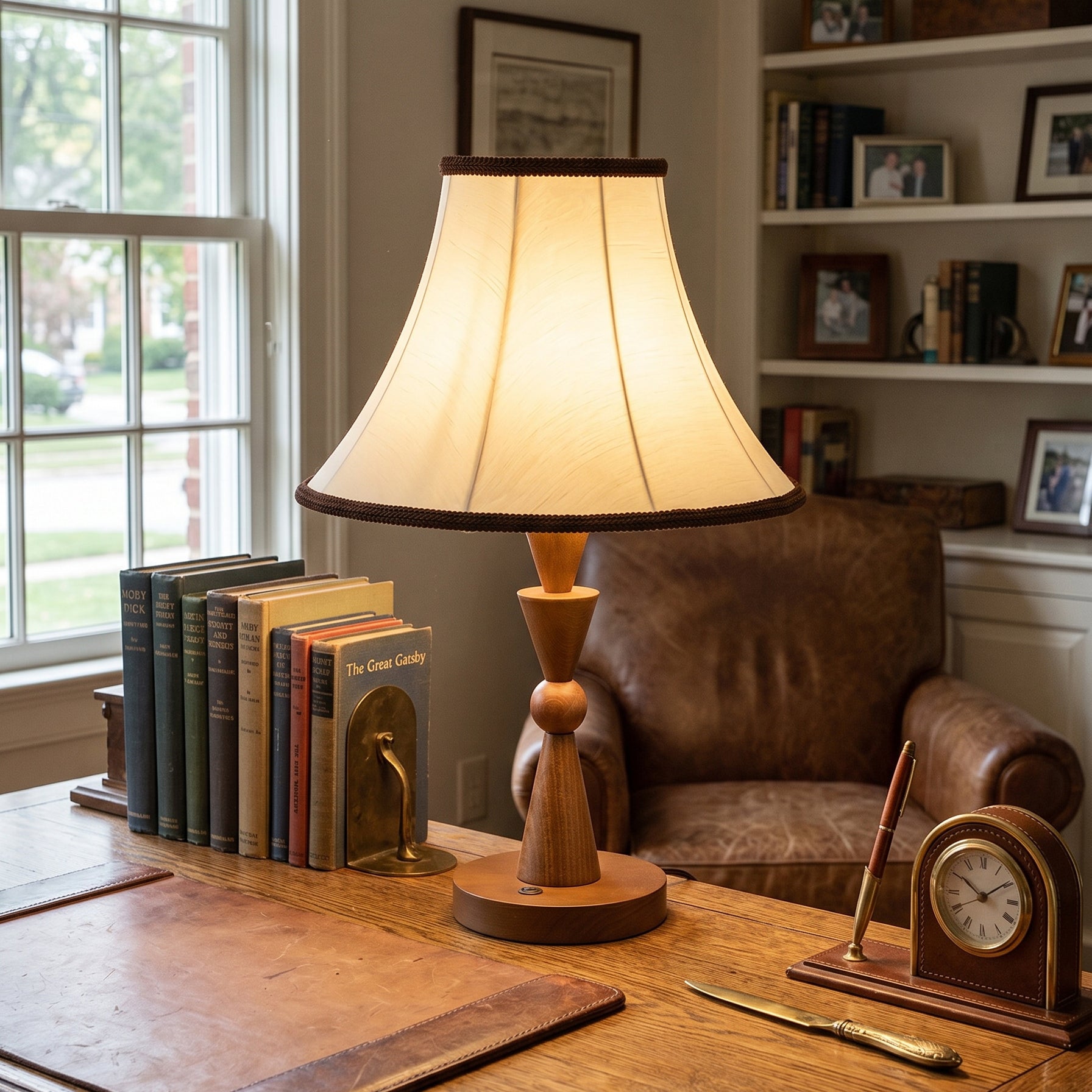 Houten tafellamp met ronde stoffen kap, vooraanzicht