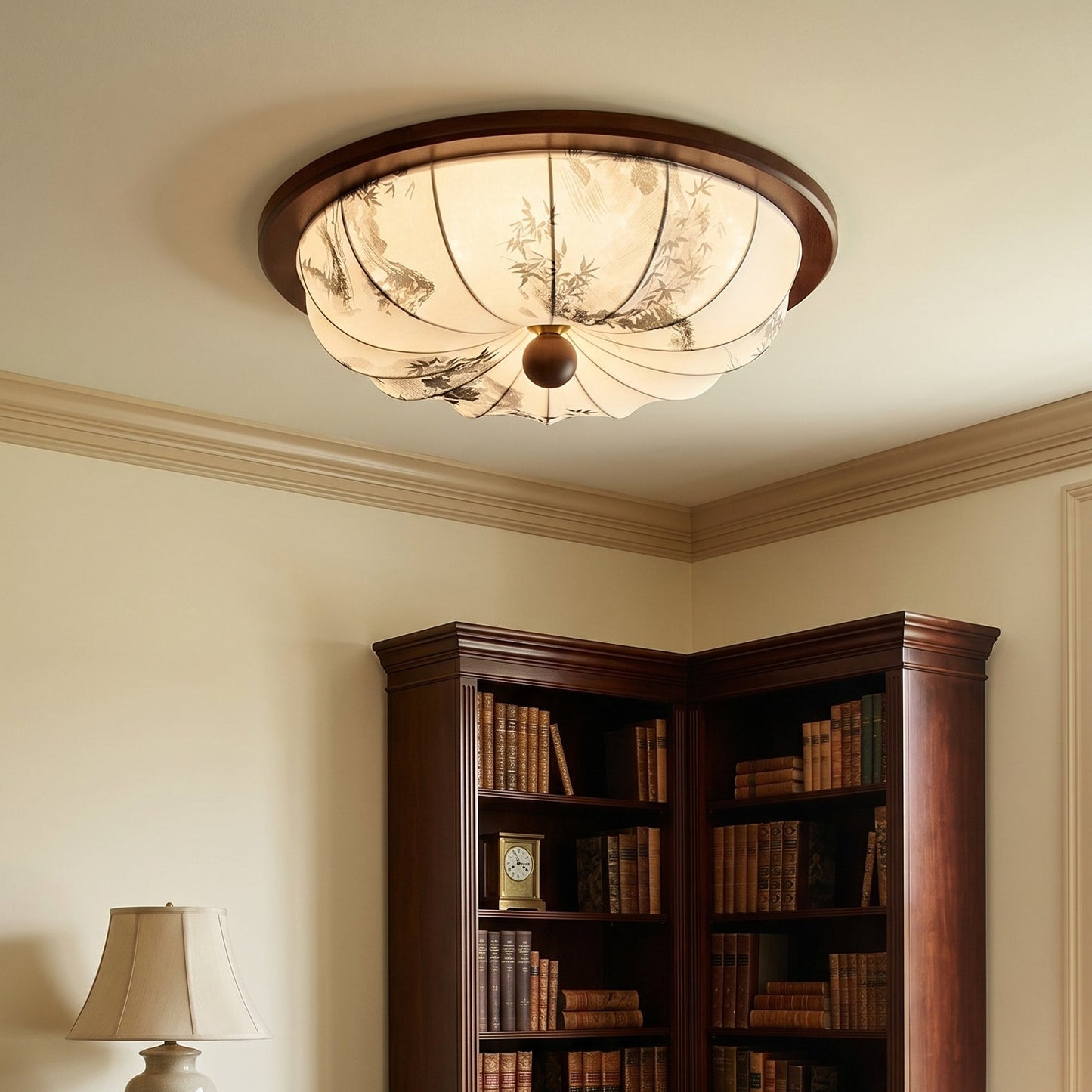 flush mount plafondlamp met houtlook en ronde textielen kap