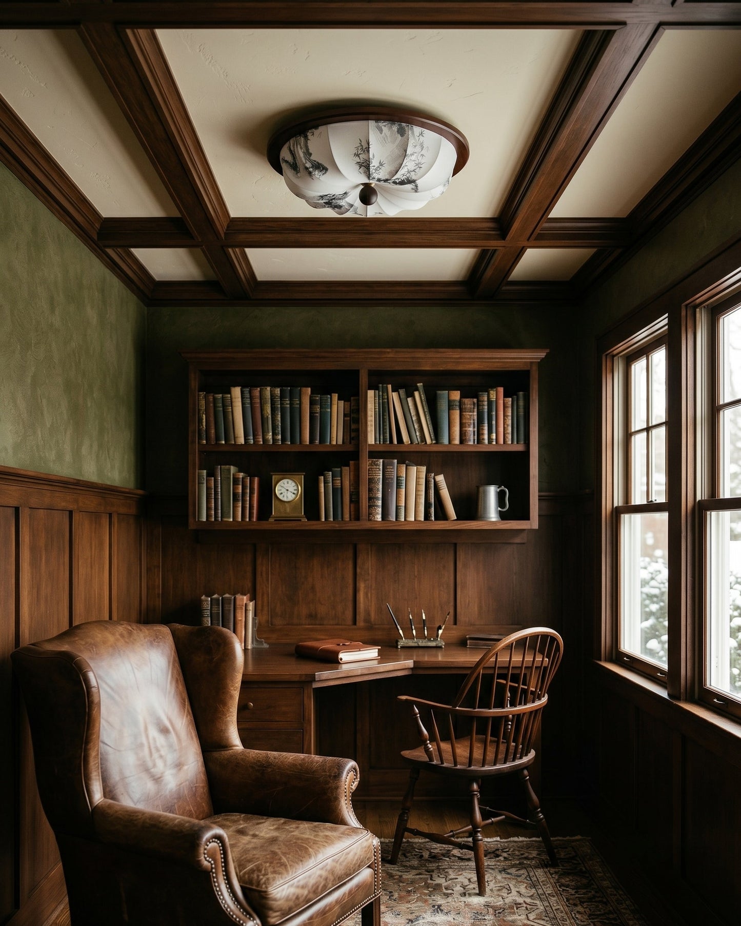 elegante plafondlamp met houtlook en stoffen kap in modern interieur