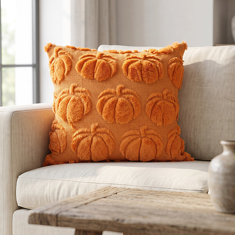 decoratief pluche kussen met pompoenmotief, frontaal weergegeven