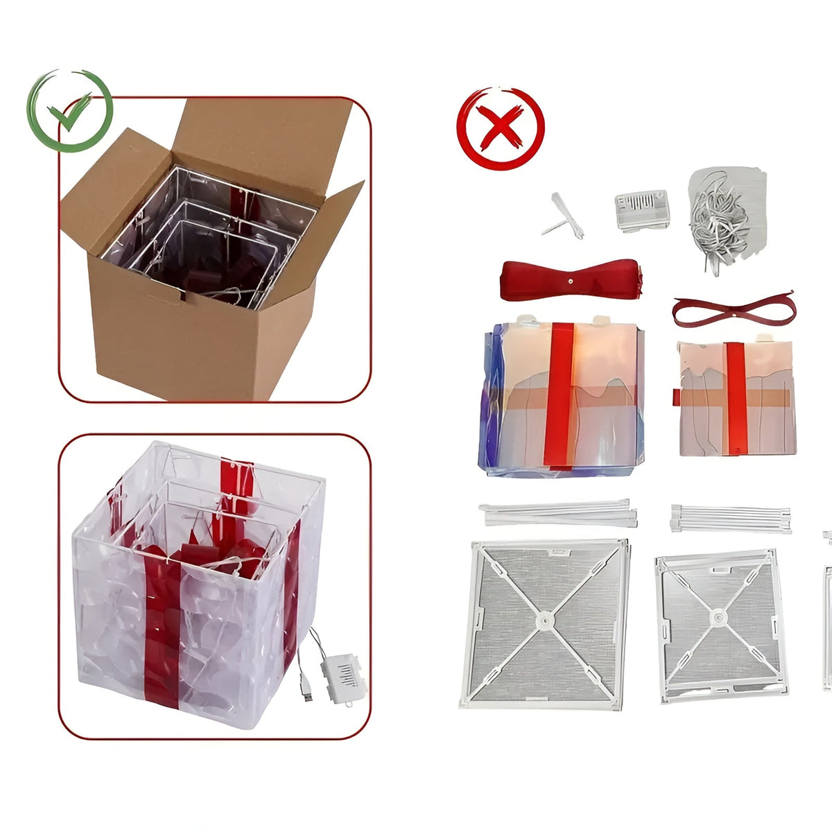 Cadeaudozen met rode linten naast een feestelijk versierde boom