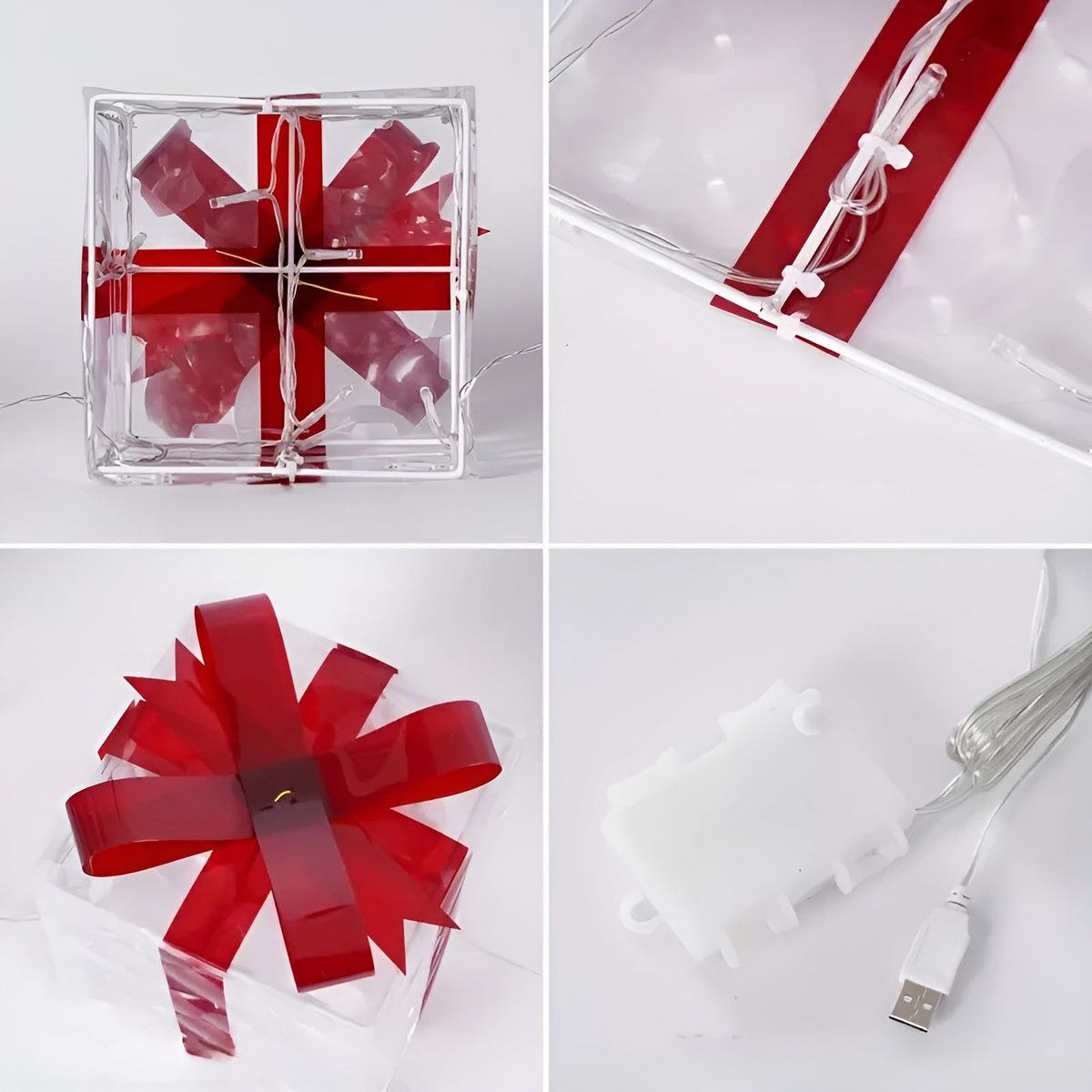 Transparante decoratieve dozen met rode linten als sfeervolle set