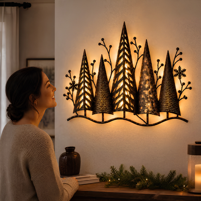 Wanddecoratie van metaal met verlichte bomen voor een warme sfeer