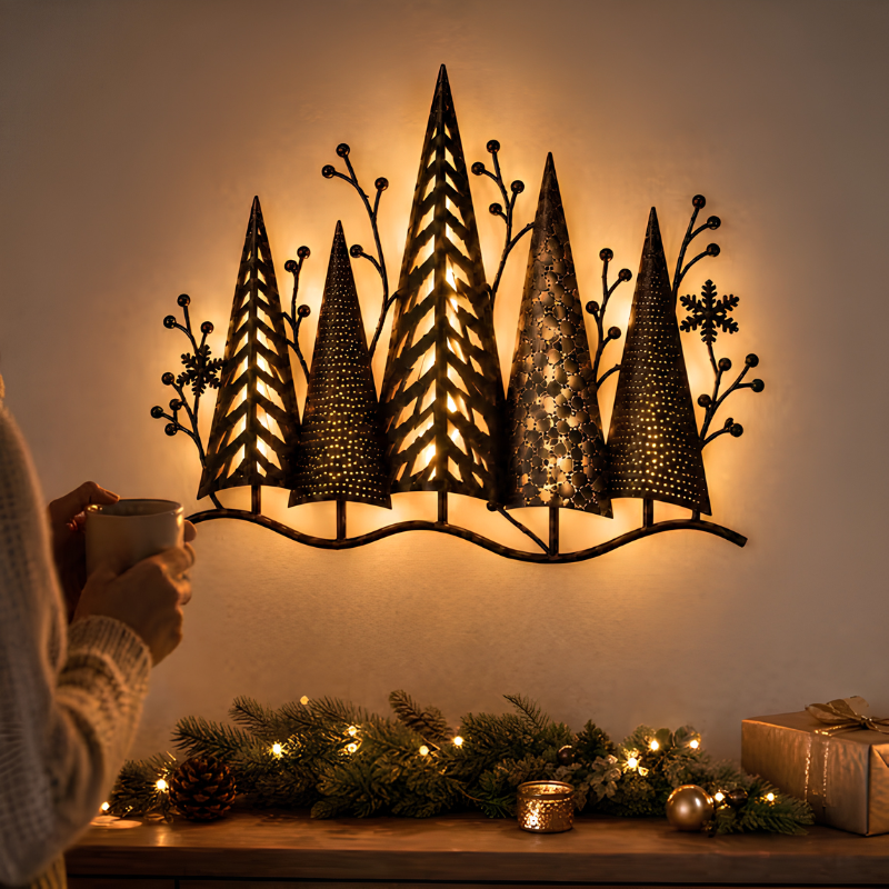 Metalen wanddecoratie met warme ledverlichting en een sfeervol boslandschap