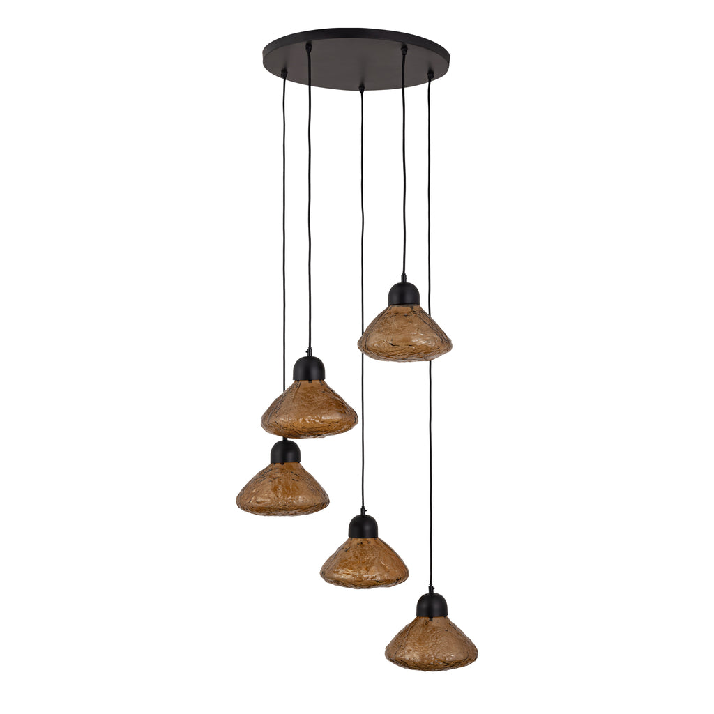 anna brown glass pendant lamp with texture and 5 large lamps.