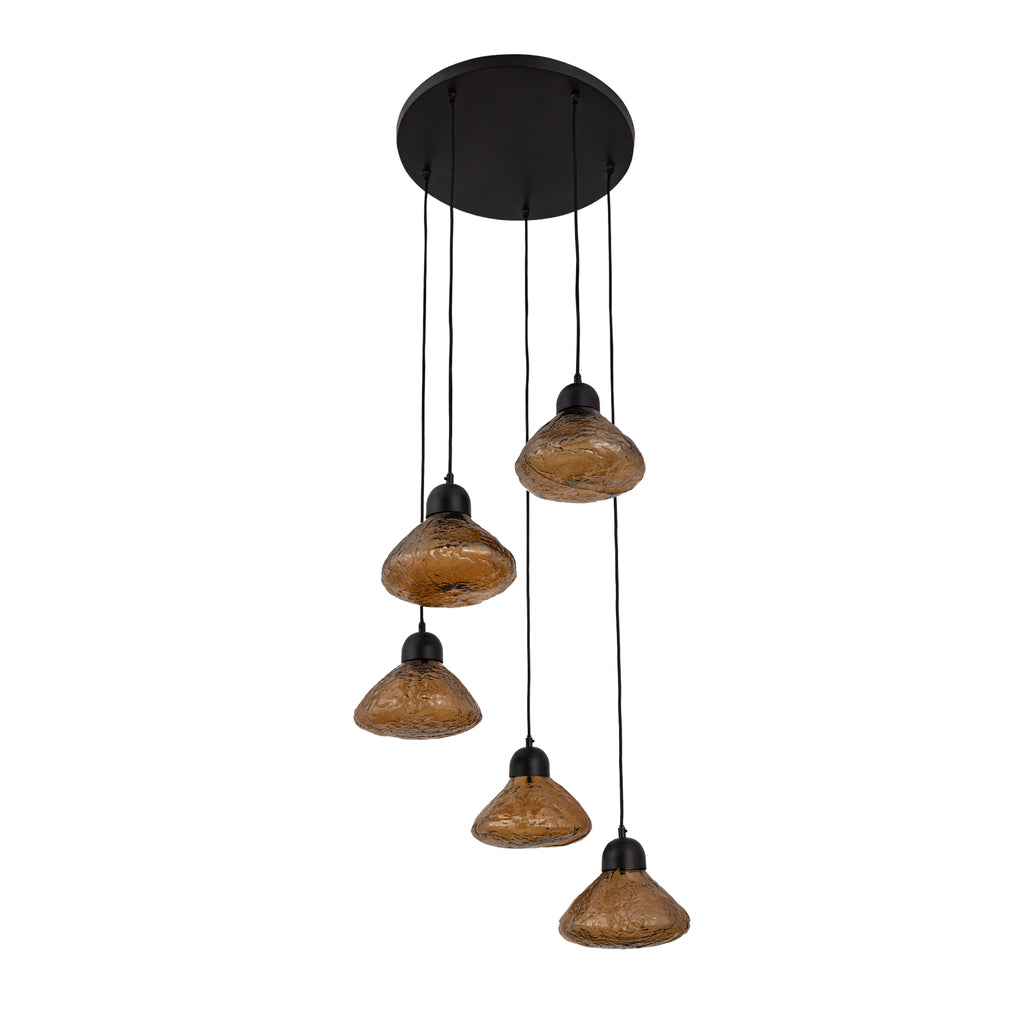 anna brown glass pendant lamp with texture and 5 large lamps.