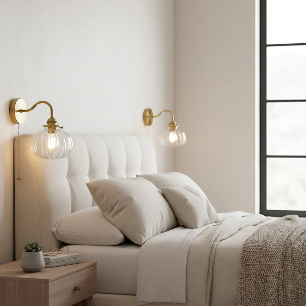 glazen wandlamp met goudkleurig metaal, frontaal weergegeven aan de muur