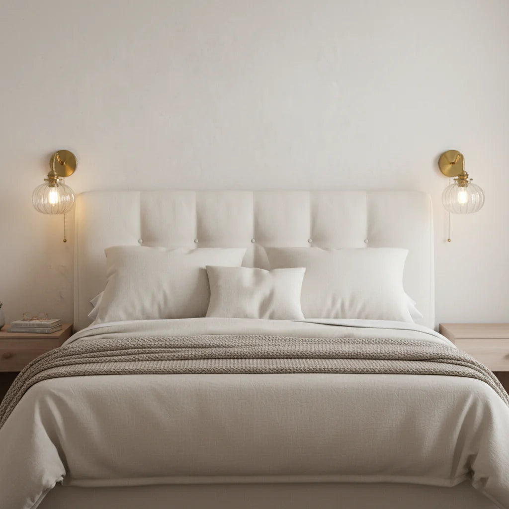 Wandlamp van glas en goudkleurig metaal, geschikt voor woonkamer of slaapkamer