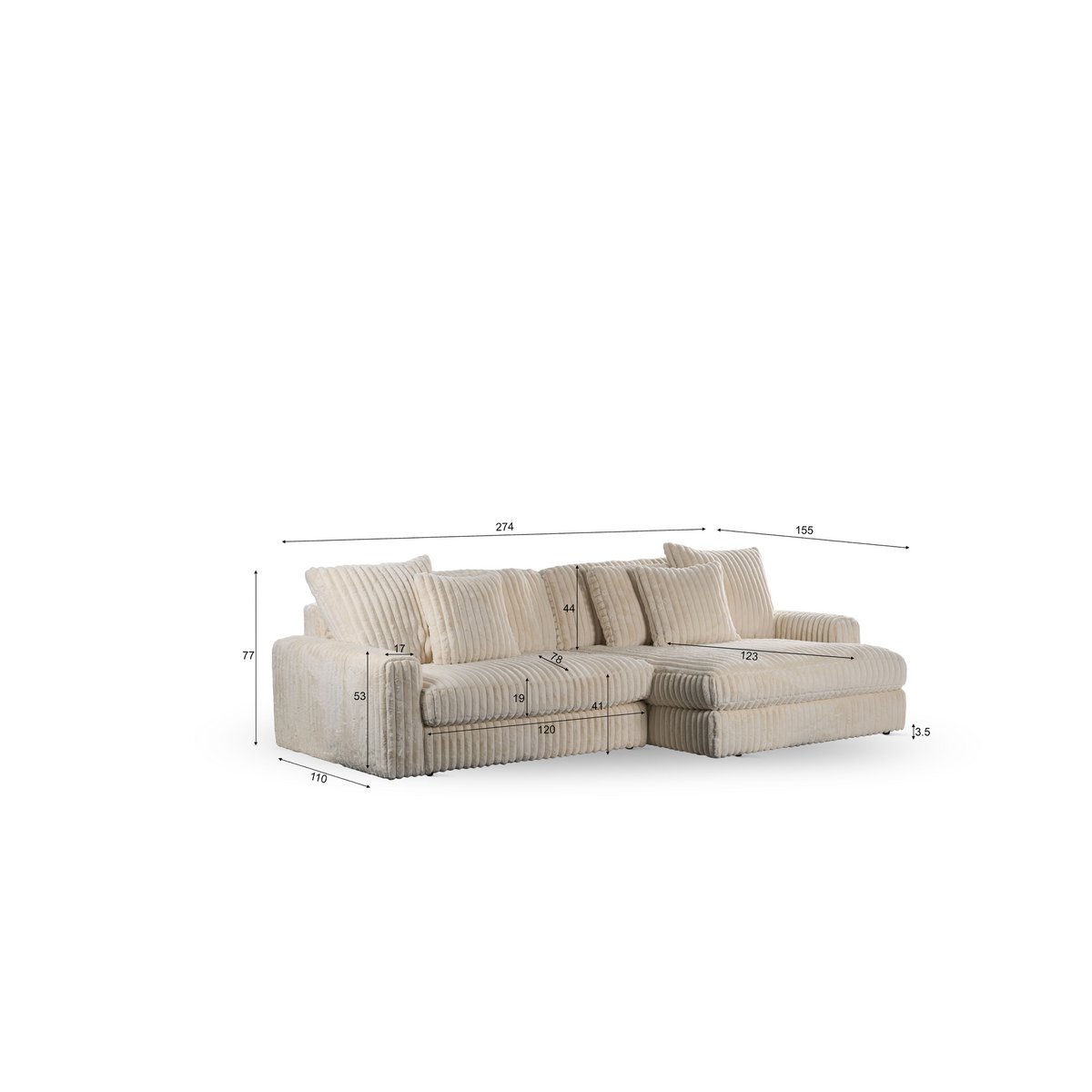 3-seater sofa cl l+r, fabric vito 23, d460 beige