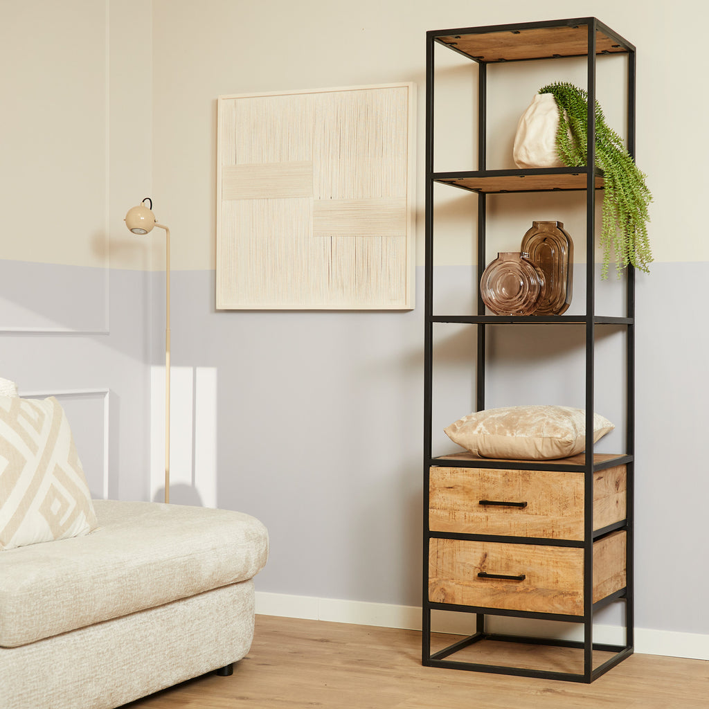 bookcase denver | mango wood and steel | 2 drawers