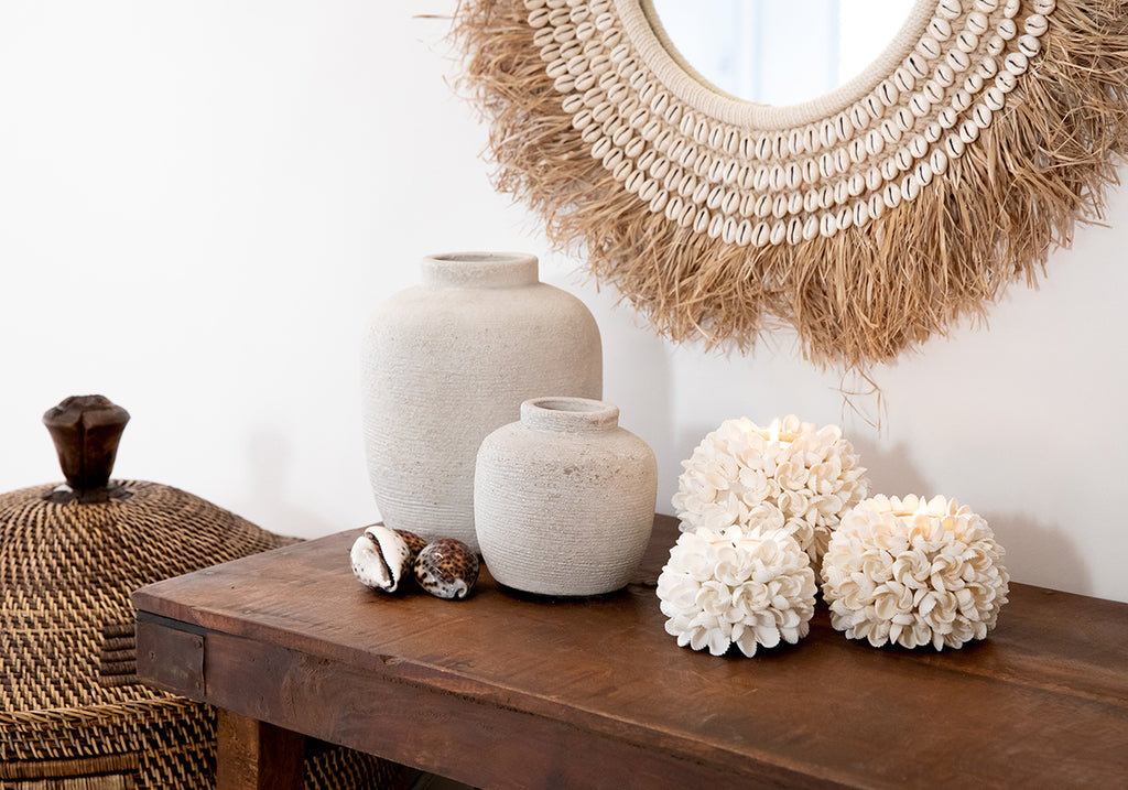 the raffia cowrie mirror - natural white