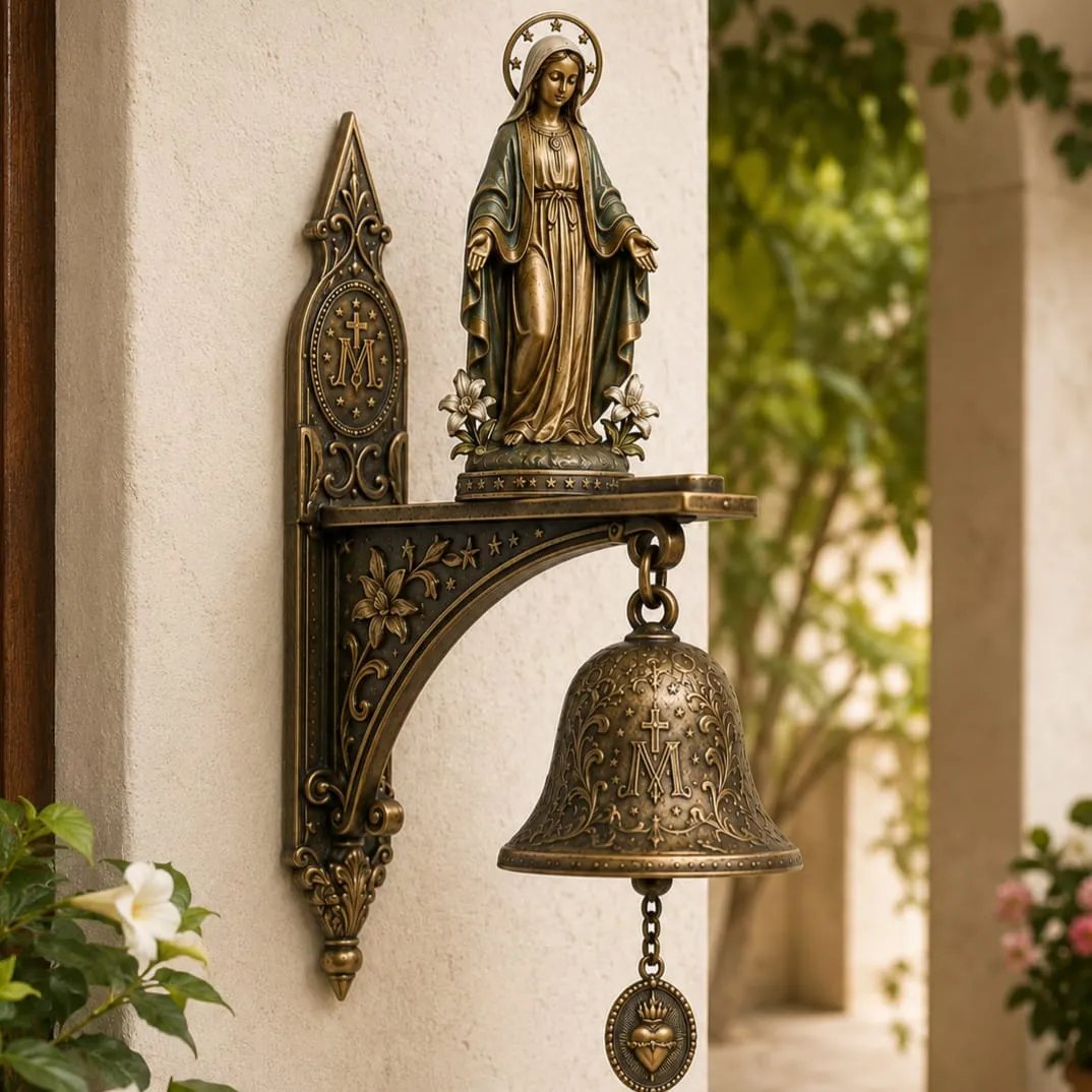 religieuze bronzen wandbel met klassiek mariamotief aan muurhaak