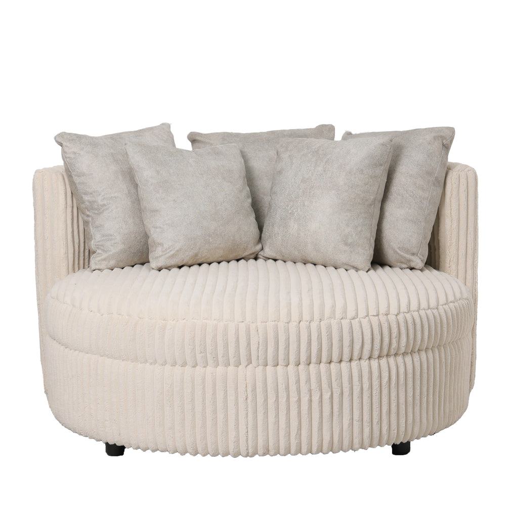 fayen taupe armchair with 2 cream-colored cushions.