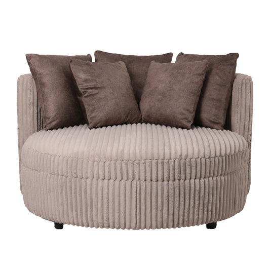 Fayen Taupe fauteuil met ambiance 4 mink 5 kussens.