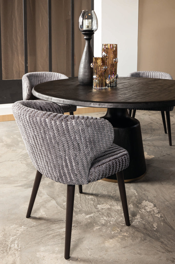 fiori taupe 19 dining chair with dark brown wooden legs.