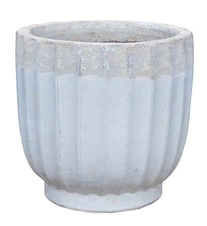 Translate Gilliann White round ceramic pot ribbed low SV3 to Dutch.