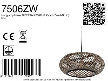 Hanglamp Maze 3602ZW+K2001HS Zwart-(Zwart-Bruin)