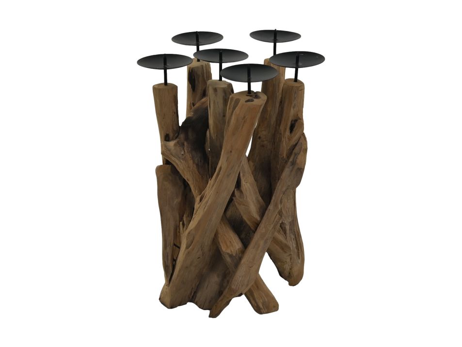 candle holder 6 tray - 27x27x39 - natural/black - driftwood/metal