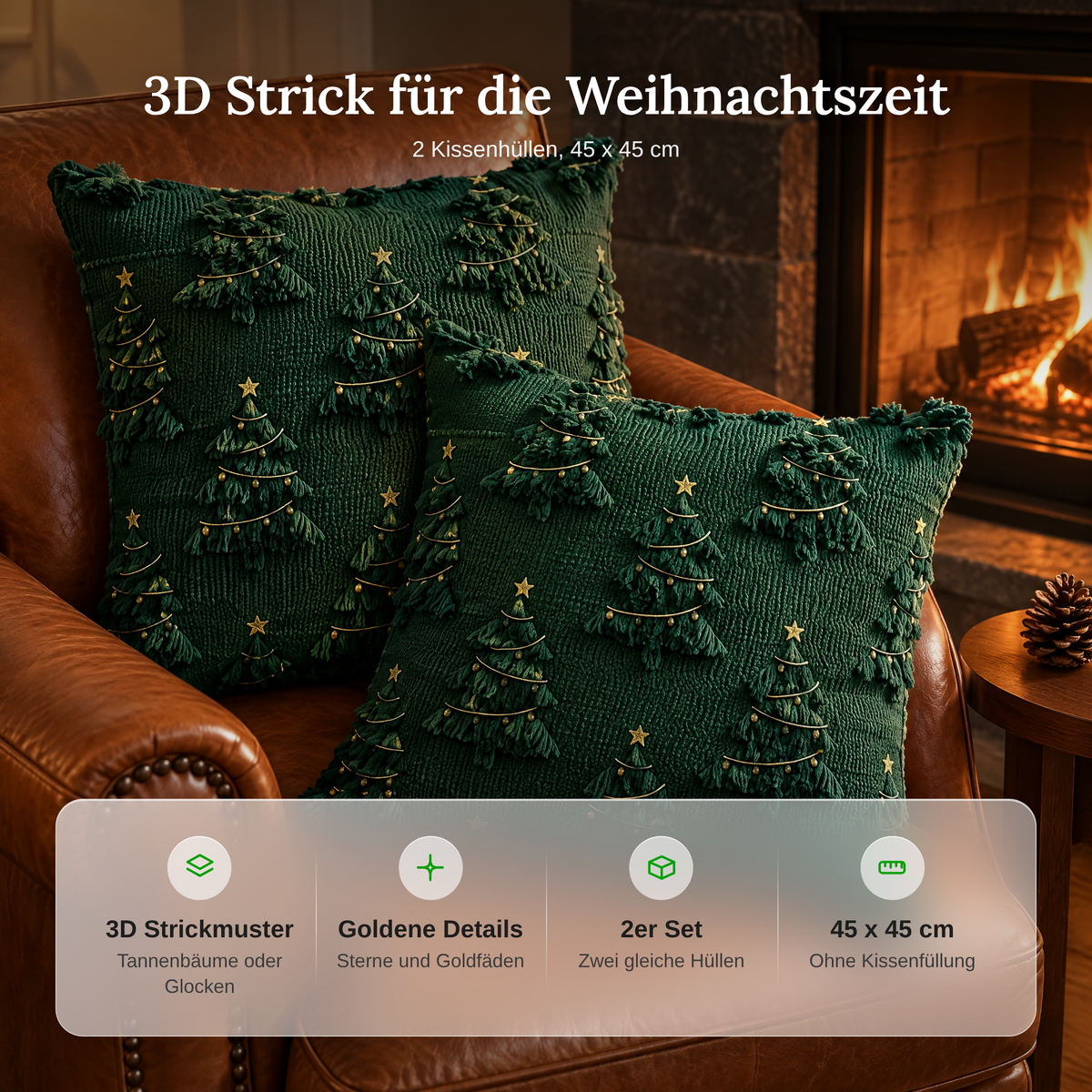 rode kerst-kussenhoes met 3d-breipatroon en kerstklok