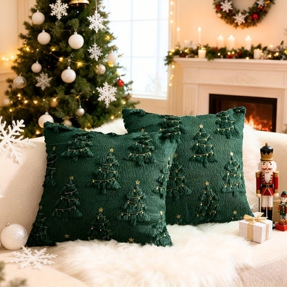Set van twee kerst-kussenhoezen met 3D-breipatroon in groen en rood