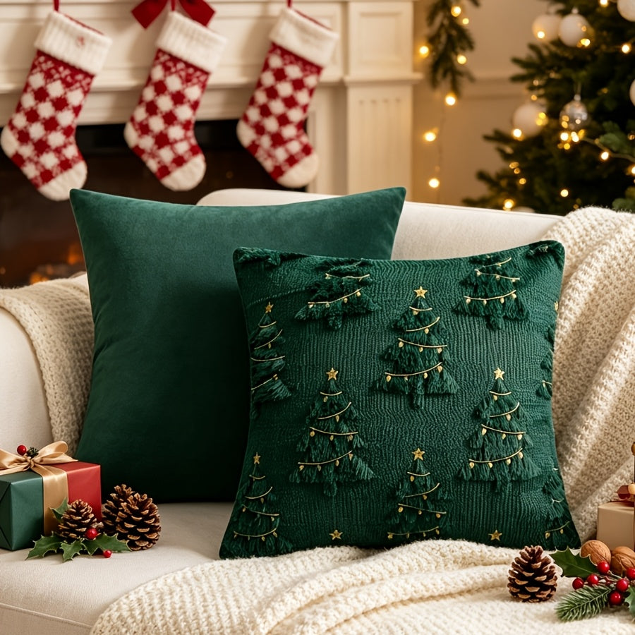Groene kerst-kussenhoes met 3D-breipatroon en tannenboom