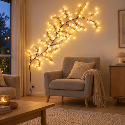 Decoratieve LED-lichtboom aan de muur als sfeervolle binnenverlichting