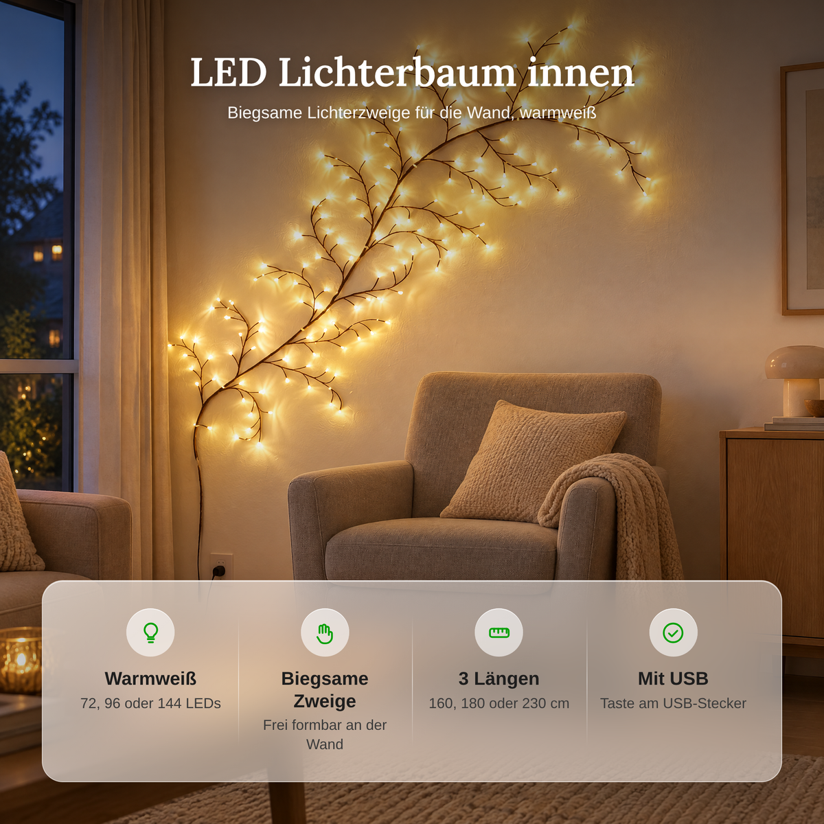 LED-lichtboom met verlichte takken, USB-aansluiting en warmwit licht