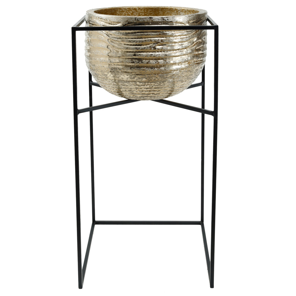 lesley gold brush aluminum pot on black iron stand sv2.