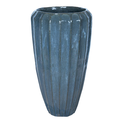 Olver Blue ceramic pot ribbed structure round L