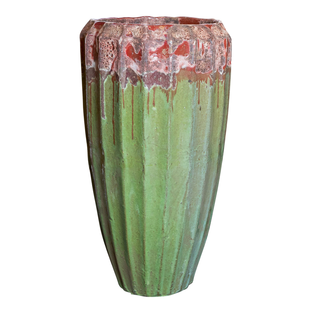 olver green ceramic pot ribbed structure round l