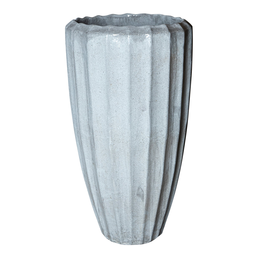 white ceramic pot with ribbed structure and round shape l.