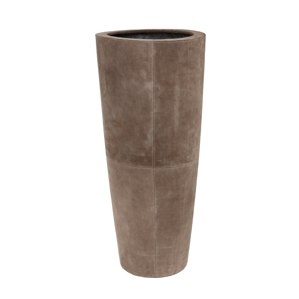 omar beige metal pot with suede leather cover round.