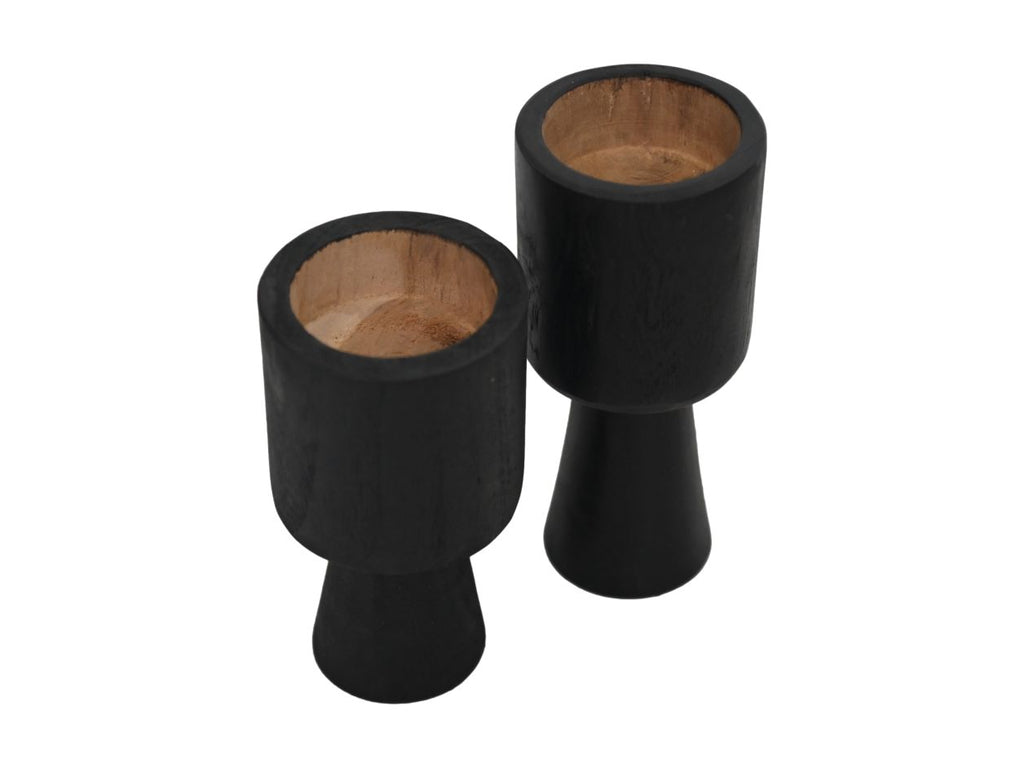 round candle holder set of 2 - ø8x8x15/ø8x8x17 - natural/black - teak