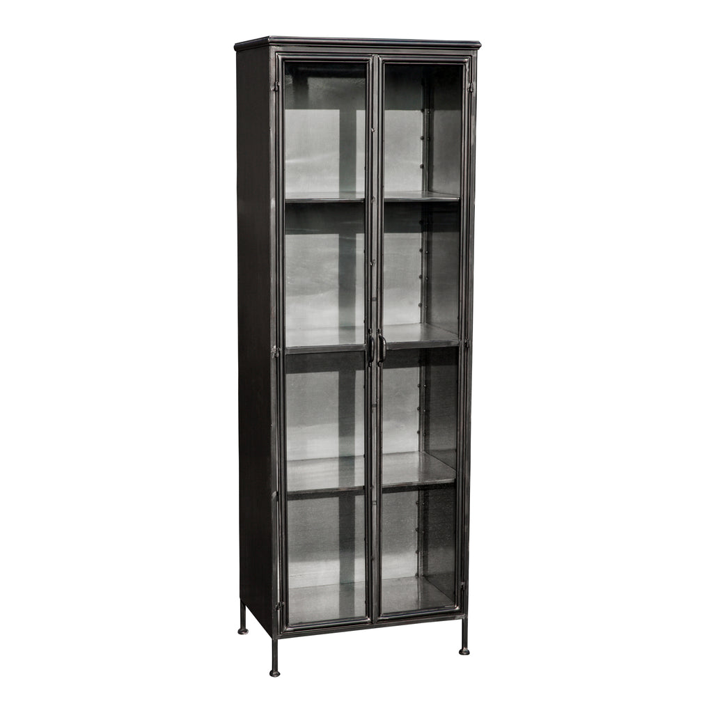 simple metal tall cabinet with glass doors without finish.