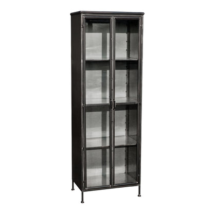 Simple metal tall cabinet with glass doors without finish.