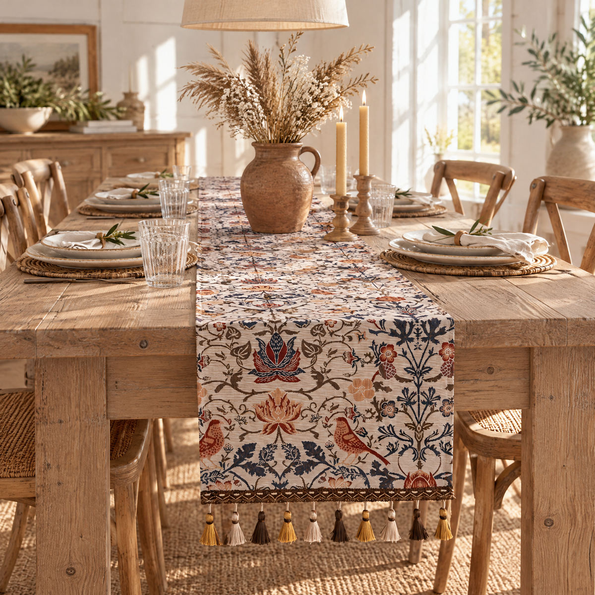 beige jacquard tafelloper met bloemen en vogels op een gedekte tafel